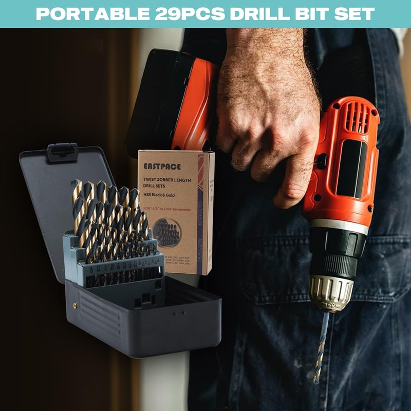 EASTPACE 29Pcs Drill Bit Set 1/16"-1/2", HSS with Black and Gold Finish, Twist Jobber Drill Bit Kit with Index Case for Cast Iron, Hard Metal, Stainless Steel, Plastic and Wood - Image 5
